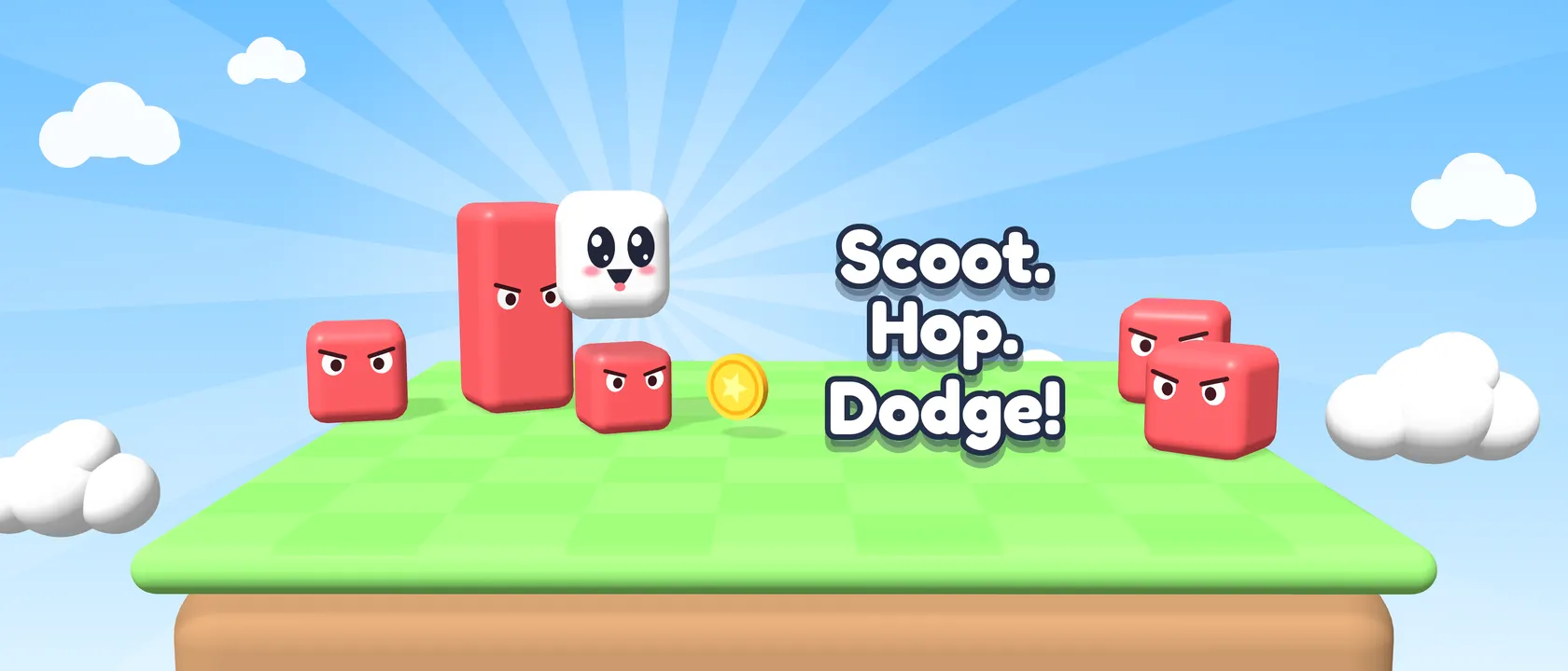 Blocky hops over a red block on his island, next to a pillar and a coin, beside the words Scoot. Hop. Dodge!