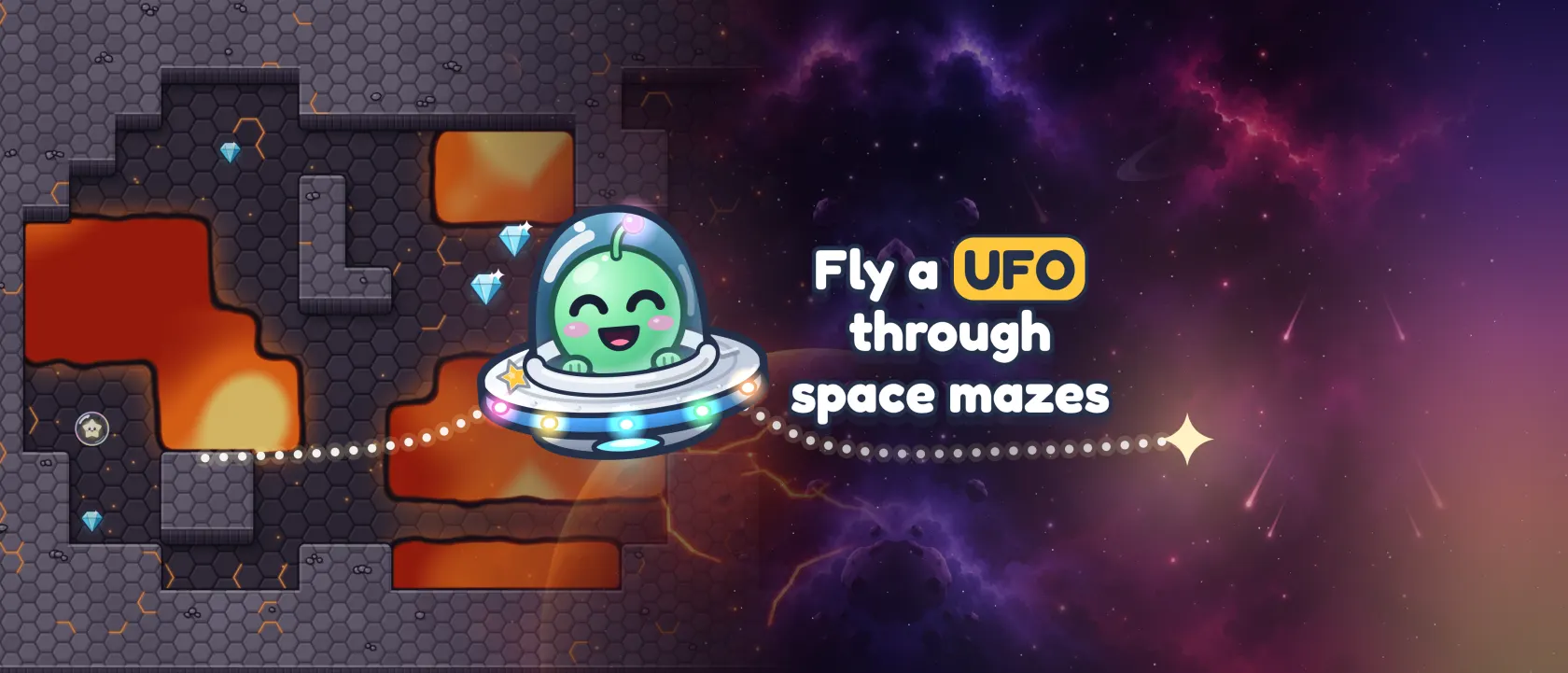 A little alien in a flying saucer heads out of a lava maze along a dotted path into a painted night sky